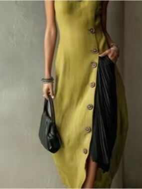 Olive Green Button-Front Midi Dress with Black Pleat
